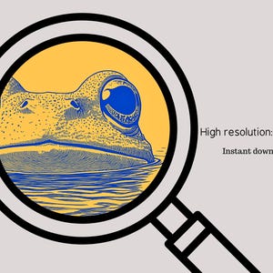 May include: A close-up of a frog's eye, captured through a magnifying glass. The frog's eye is blue and yellow, and the frog's skin is textured and detailed. The background is a yellow-orange color.