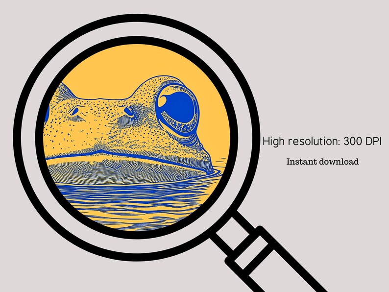 May include: A close-up of a frog's eye, captured through a magnifying glass. The frog's eye is blue and yellow, and the frog's skin is textured and detailed. The background is a yellow-orange color.