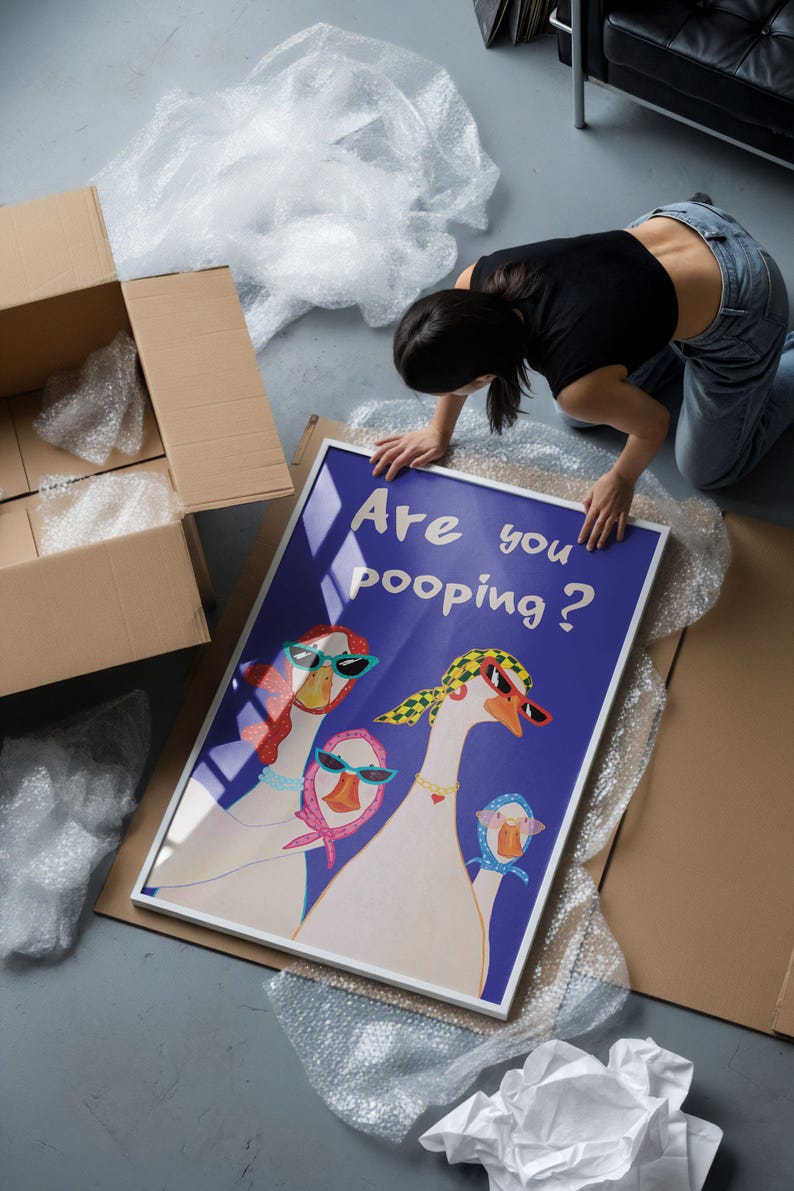May include: A framed art print featuring a whimsical illustration of geese wearing sunglasses and scarves, set against a blue background. The text "Are you pooping?" is displayed above the geese. The print is being handled near cardboard boxes and bubble wrap.