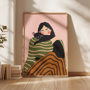 Woman with Black Cat Print, Hand-Drawn Illustration, Minimalist Striped Art, Female Abstract Painting, Aesthetic Living Room Decor