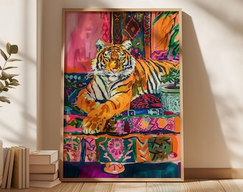 May include: A colorful painting of a tiger lying on a patterned rug. The tiger is orange and black with white stripes. The rug is a mix of pink, purple, green, and yellow. The tiger is looking directly at the viewer.