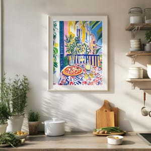 Neapolitan Pizza with Wine Print, Vibrant Kitchen Painting, Living Room Wall Art, Maximalist Art, Food Lover Gift, Eclectic Art Print, restaurant cafe wall art, artzenica print, italian food poster, pizza and wine art print, summer artwork,