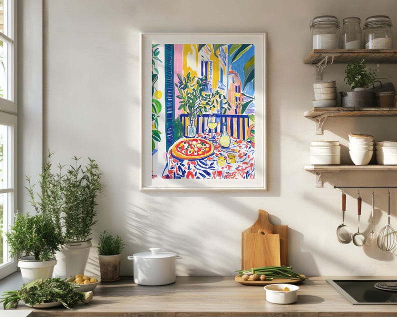 Neapolitan Pizza with Wine Print, Vibrant Kitchen Painting, Living Room Wall Art, Maximalist Art, Food Lover Gift, Eclectic Art Print, restaurant cafe wall art, artzenica print, italian food poster, pizza and wine art print, summer artwork,