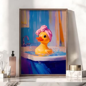 Rubber Duck in Head Towel Poster, Fun Kids Bathroom Print, Toilet Humor Wall Decor, Girly Aesthetic Art, Nursery Wall Art, Unique Gift Idea