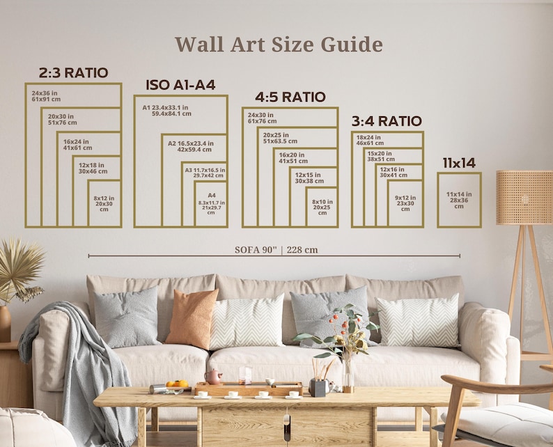 May include: A wall art size guide with various aspect ratios and dimensions in inches and centimeters. The guide includes sizes for 2:3, ISO A1-A4, 4:5, 3:4, and 11x14 ratios. The text "SOFA 90" 228 cm" is also visible.