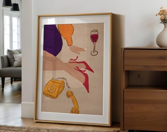 May include: A framed art print featuring a retro illustration of a woman with red high heels, a glass of wine, and a yellow telephone. The artwork has a vintage aesthetic with a color palette of purple, orange, and beige.