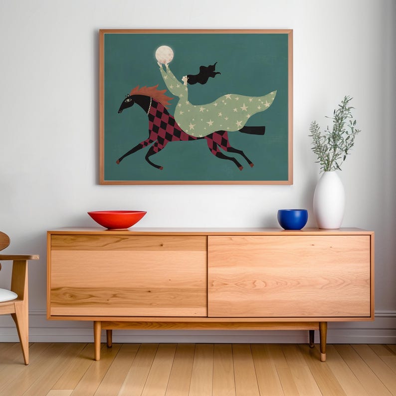 Whimsical Celestial Art Print: Woman on Horse Modern Folk Ilustration (Digital Download) image 7