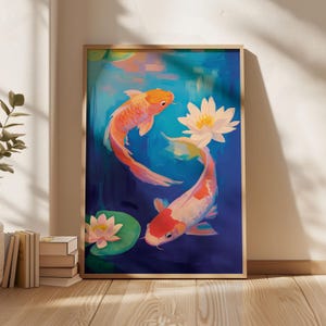 Koi Fisch Kunstdruck, Buntes Koi Karpfen Poster, Feng Shui Yin Yang Wandkunst, Japanisch inspiriertes Kunstwerk, Eklektisches Dopamin-Dekor, Zen-Wandkunst