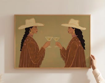 Twin Cowgirls Cocktail Art Print, Hand Drawn Western Wall Decor, Cheers Martini Illustration (Digital Download)