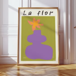Lámina artística La Flor, ilustración de bodegón de moda, póster de flor de naranja en jarrón morado, decoración de dopamina, arte mural minimalista, obra de arte vibrante
