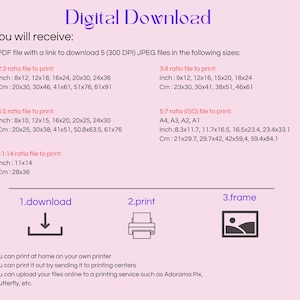 K&ouml;nnte beinhalten: Ein rosa-wei&szlig;er digitaler Download-Leitfaden mit Anweisungen zum Herunterladen und Drucken von 5 JPEG-Dateien in verschiedenen Gr&ouml;&szlig;en. Der Leitfaden enth&auml;lt eine Liste der Gr&ouml;&szlig;en in Zoll und Zentimetern f&uuml;r jeden Dateityp: 2:3, 4:5, 11:14, 3:4 und 5:7 (ISO). Der Leitfaden enth&auml;lt au&szlig;erdem drei Symbole: einen Download-Pfeil, einen Drucker und einen Bilderrahmen.