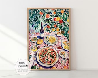May include: A colorful painting of a table setting with a bottle of wine, glasses, plates of food, and a pizza. The table is covered in a pink and white tablecloth with a floral pattern. The background is a green leafy tree with oranges.