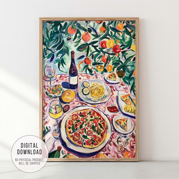 Italienisches Festmahl mit Pizza, Pasta und Wein, lebendige Küchendekoration und Esszimmer-Wandkunst, maximalistisches farbenfrohes Gemälde, digitaler Download