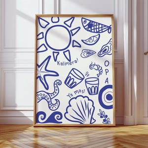 Greckie letnie wibracje Druk, Niebieska śródziemnomorska sztuka ścienna, Grecka ilustracja jedzenia, Wystrój kuchni nadmorskiej, Plakat domu na plaży, Estetyczne dzieło sztuki