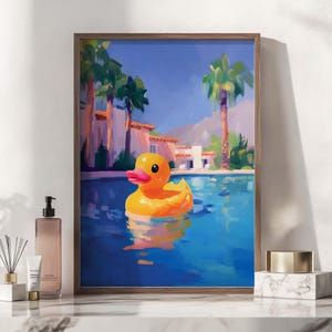 Rubber Duck in a Pool Print, Dopamine Decor, Fun Bathroom Poster, Nursery Wall Art, Beach House Artwork, Trendy & Preppy Dorm Decor