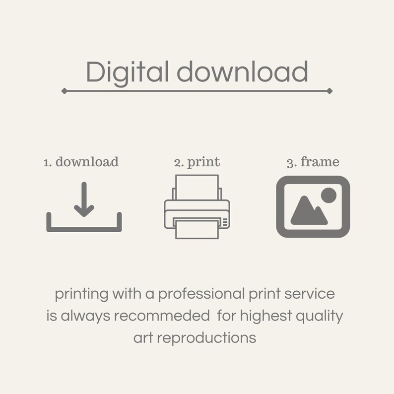 May include: A digital download graphic with three steps: download, print, and frame. The graphic includes icons for each step. The text "printing with a professional print service is always recommended for highest quality art reproductions" is below the icons.