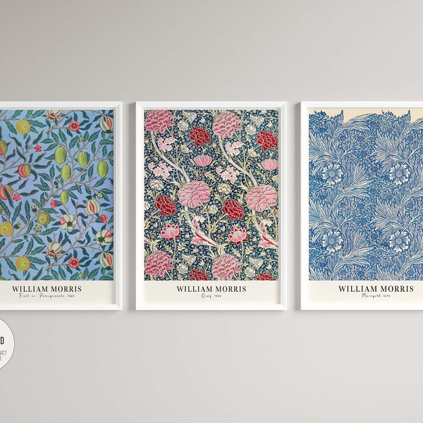 Set of 3 William Morris Prints, Blue Floral Patterns for Elegant Art Nouveau Home Decor, Vintage Gallery Wall Art, Digital Download