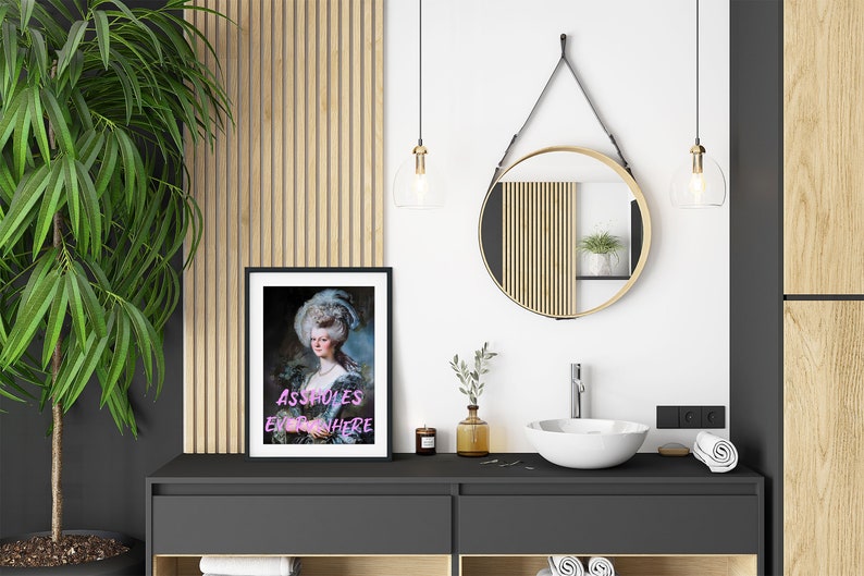 Funny bathroom print, noblewoman portrait with the humorous text: assholes everywhere. Vintage portrait painting, funny restroom decor, restaurant bar print, altered art, gallery set, eclectic art decor, instant download.