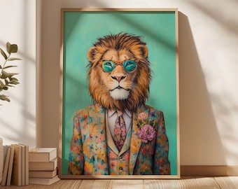Funky Lion Print: Animal in Suit, Maximalist Wall Art (Digital Download)