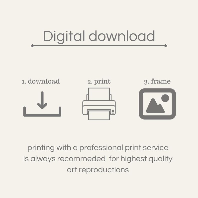 May include: A digital download graphic with three steps: download, print, and frame. The graphic includes icons for each step. The text "printing with a professional print service is always recommended for highest quality art reproductions" is below the icons.