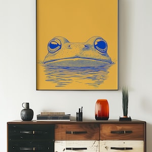 Minimalist Frog Print, Yellow and Blue Wall Art, Dopamine Decor, Animal Pop Art Poster, Trendy House Artwork, Large Wall Decor, Printable, airbnb art print, artzenica, relaxing calming artwork, men apartment wall decor.