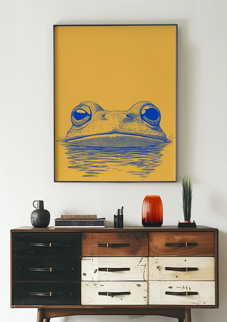 Minimalist Frog Print, Yellow and Blue Wall Art, Dopamine Decor, Animal Pop Art Poster, Trendy House Artwork, Large Wall Decor, Printable, airbnb art print, artzenica, relaxing calming artwork, men apartment wall decor.