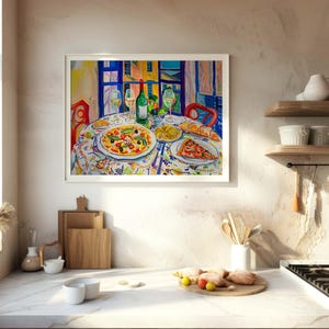 talian Feast with Pizza Pasta and Wine Print, Vibrant Kitchen or Dining Room Decor, Maximalist Colorful Painting, Mediterranean Wall Art, Henry Matisse inspired painting, mcm wall art, restaurant cafe art print, trendy kitchen poster, artzenica.