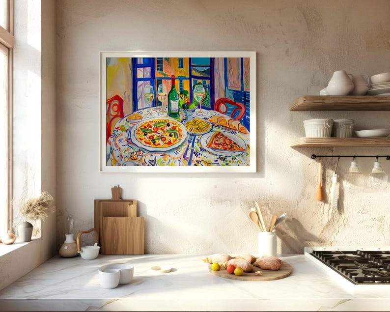 talian Feast with Pizza Pasta and Wine Print, Vibrant Kitchen or Dining Room Decor, Maximalist Colorful Painting, Mediterranean Wall Art, Henry Matisse inspired painting, mcm wall art, restaurant cafe art print, trendy kitchen poster, artzenica.
