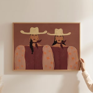 Västerländskt tryck med två cowgirls, handritad horisontell folkporträttväggkonst, neutral bohemisk dekor (digital nedladdning)