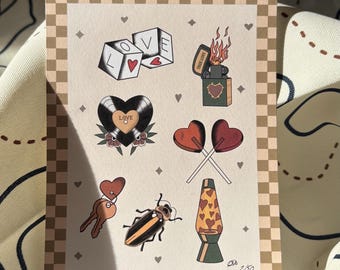 May include: A print featuring tattoo-style illustrations of dice with hearts, a lighter with flames, a heart-shaped record, heart-shaped lollipops, a key with a heart, a beetle, and a lava lamp. The print has a checkered border.
