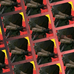 Puede incluir: Un patrón repetido de una persona con los brazos cruzados, vistiendo una camisa negra y guantes negros, sobre un fondo rojo y amarillo.