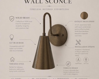 Plug In Sconce, Brass Conical Shade with Eight Finish Options and Four Holder Types