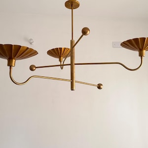 Linear Chandelier, Brass Metal 3-Light Fixture with Fluted Shades