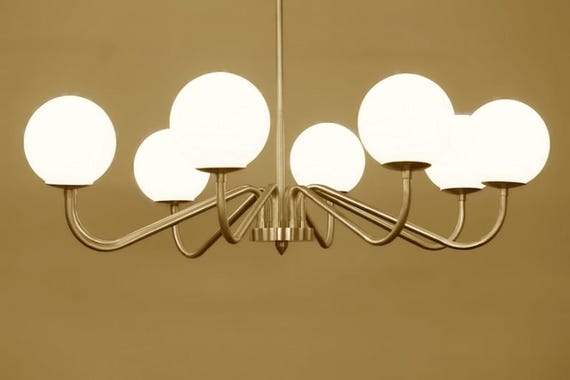 Sputnik Chandelier, Brass 8-Light Pendant with Milky Glass Globes