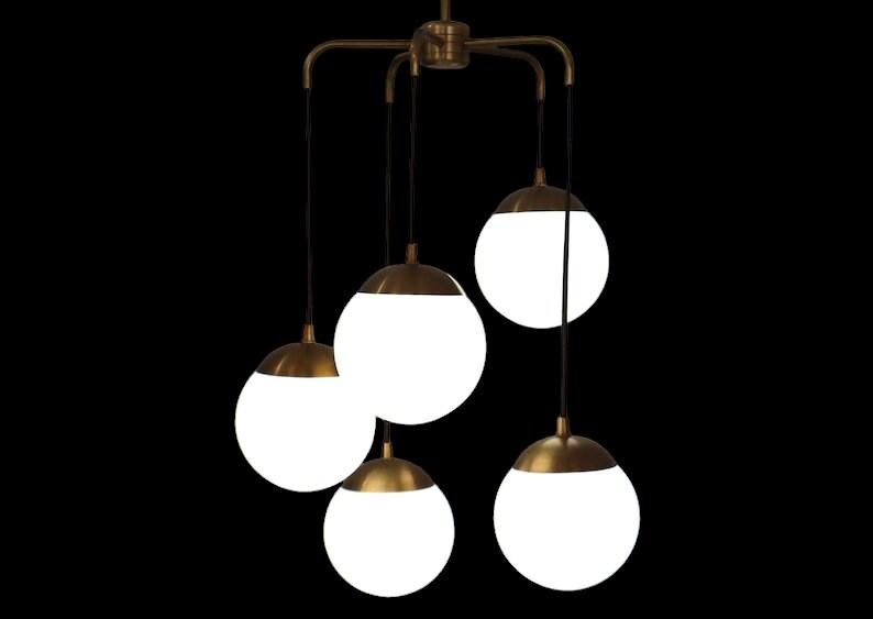 KCO Lighting Kronleuchter – 6-flammig, Geripptes Milchglas & Walnussholz, Gold/Braun