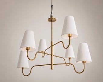 Modern 6-Light Brass Chandelier with White Linen Shades | Luxury Contemporary Ceiling Light Fixture
