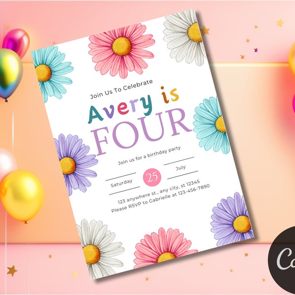 Daisy Birthday Invitation Girl, Editable Colorful Daisies Birthday Invite, Wild Floral Any Age Birthday Girl Invitation