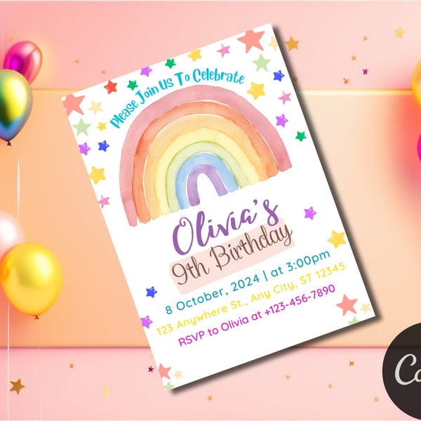 Editable Rainbow Invitation, Rainbow Invitation, Rainbow Template, Rainbow Birthday Invitation , Rainbow Party Invitation