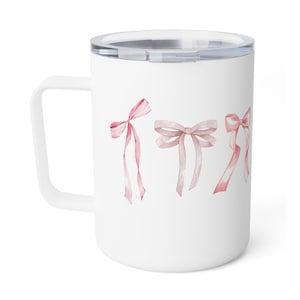 Cute Coquette Pink Bow Insulated Mug, Girlfriend Gift for Her ~ 10oz White Insulated Coffee Mug Insulated Coffee Travel Mug