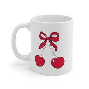 Vintage Inspired Cherry Mug with a Bow 11 ounces ~ White Ceramic Coffee Mug