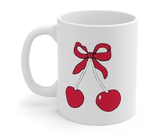 Tazza di ciliegio di ispirazione vintage con fiocco da 11 once ~ Tazza da caffè in ceramica bianca