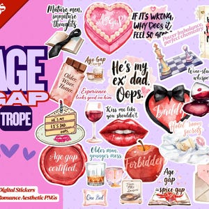 May include: A collection of digital stickers with an "Age Gap" theme. The stickers feature various illustrations, including a heart-shaped cake, a chess set, a red apple, and text like "He's my ex's dad" and "Forbidden".
