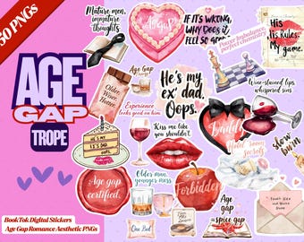 Tranche d'âge PNGs romantiques | Lot d'autocollants numériques BookTok | Stickers charbon | Pack de tropes épicés | Lot de téléchargements numériques | Booktok d'autocollants Kindle