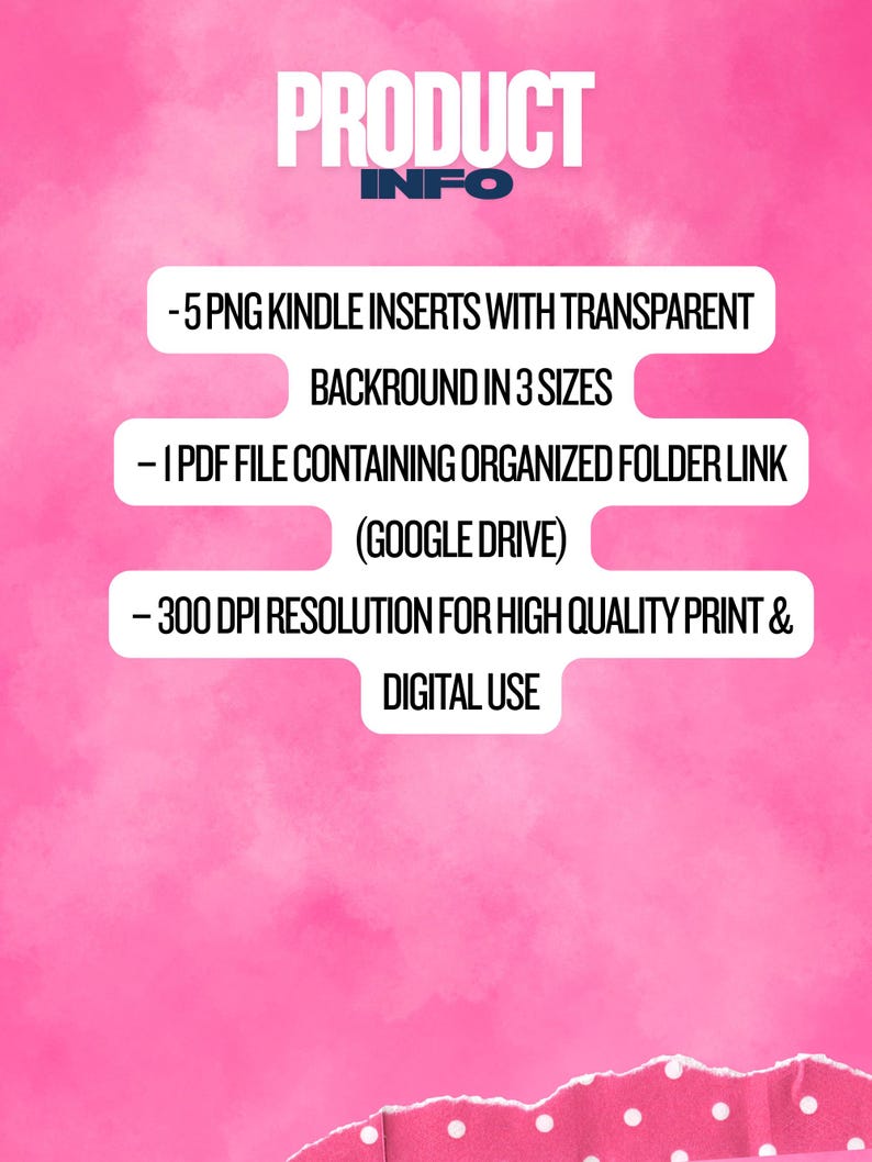 May include: A pink digital product image with the text "PRODUCT INFO." The image details include 5 PNG Kindle inserts with transparent backgrounds in 3 sizes, a PDF file with a Google Drive link, and 300 DPI resolution for high-quality print and digital use.
