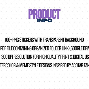 May include: Image with the text "PRODUCT INFO" in purple and blue. Below, the text describes 100+ PNG stickers with transparent backgrounds, a PDF file with a Google Drive link, 300 DPI resolution, and watercolor designs.