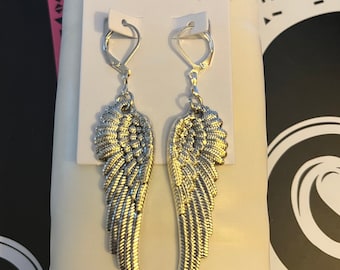 Angel Beauty - Silver Angel Wing Dangle Earrings with French Lever Back Hook - See Matching Necklace - Jewelry