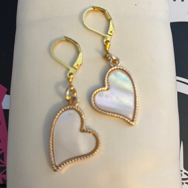 Gold and Pearl Heart Earrings on Gold Leverback French Hook - Gold Heart with White Shimmery Pearl - See Matching Necklace - Jewelry