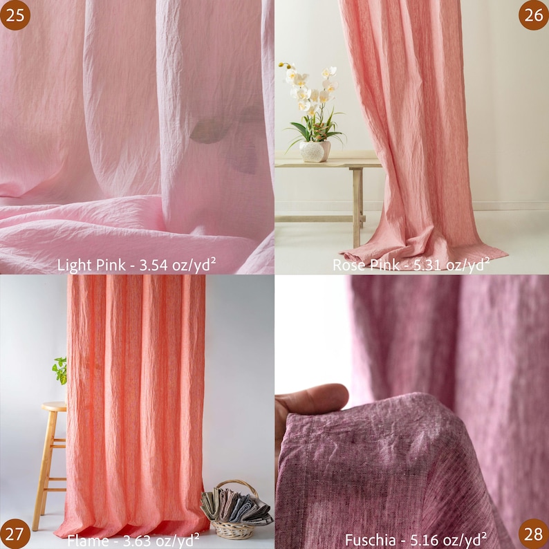 May include: A collection of pink fabric samples in various shades, including light pink, rose pink, flame, and fuchsia. The fabric is textured and appears to be lightweight. The image includes text indicating the color names and fabric weight per square yard.