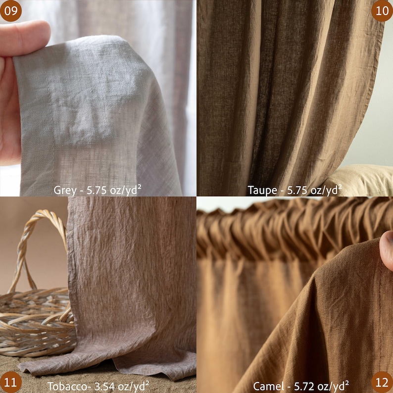 May include: Close-up of four fabric swatches in various neutral colors. The swatches are labeled Grey, Taupe, Tobacco, and Camel. The fabric weights are also listed. The fabric appears to be linen or a similar natural fiber.