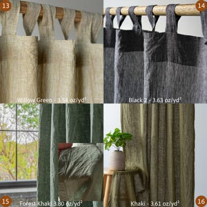 May include: A collage of four linen curtain panels in various colors: Willow Green, Black 2, Forest Khaki, and Khaki. Each panel is suspended from a wooden rod with fabric loops. The text on the image indicates the weight of the fabric per square yard.